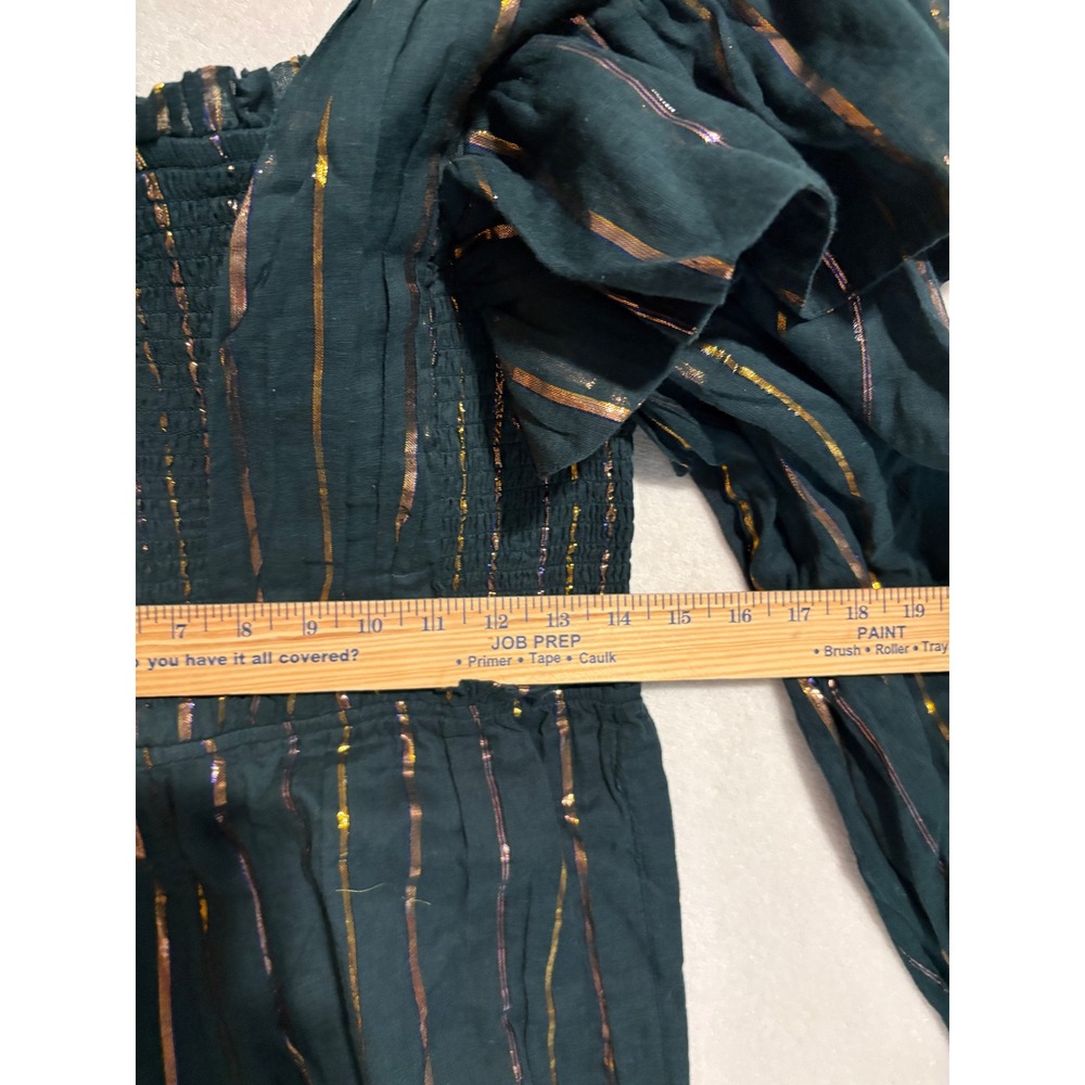 Farm Rio Anthropologie Green Metallic Striped One Shoulder Wide Leg Jumpsuit NEW - Picture 4 of 12